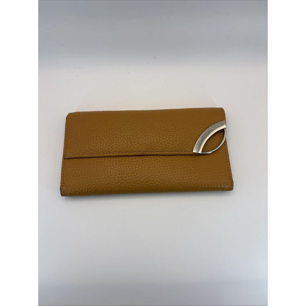 Prüne Katy Tan Camel Trifold Pebbled Leather Wallet Clutch Snap Closure Classic